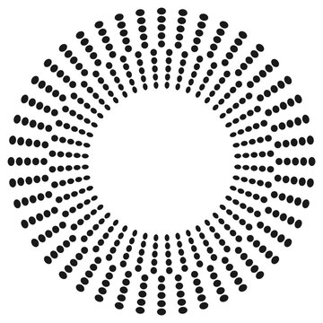 Black and white vector round frame featuring an intricate radial halftone dot pattern. Minimalist geometric design ideal for modern branding, logos, stencils, and graphic borders.