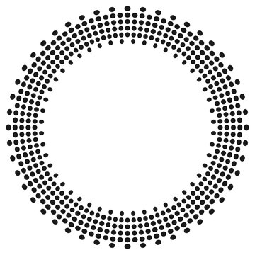 Black and white vector round frame featuring an intricate radial halftone dot pattern. Minimalist geometric design ideal for modern branding, logos, stencils, and graphic borders.