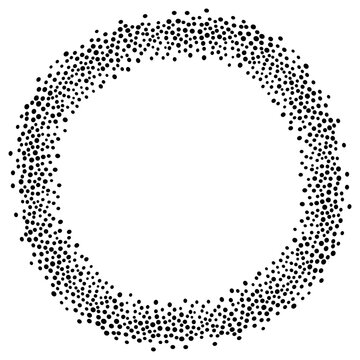 Black and white vector round frame featuring a dense hand-drawn stippled dot pattern. Minimalist pointillism border ideal for modern logos; creative branding; stencils; and graphics.
