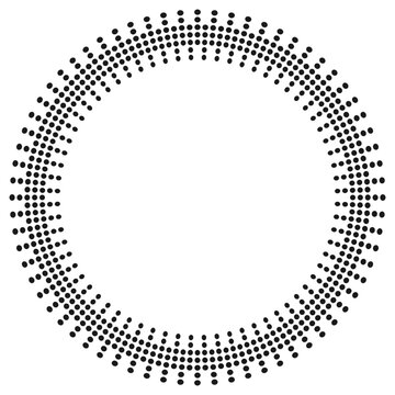 Black and white vector round frame featuring an intricate radial halftone dot pattern. Minimalist geometric design ideal for modern branding, logos, stencils, and graphic borders.