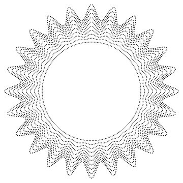 Black and white vector round frame featuring concentric wavy lines made of tiny dots. Starburst geometric design ideal for modern branding, logos, stencils, and creative graphic borders.