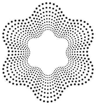Black and white vector round border featuring a six-pointed wavy halftone dot pattern. Symmetric geometric rosette design ideal for modern logos, creative branding, stencils, and icons.