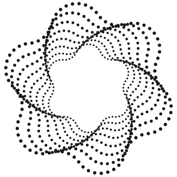 Black and white vector round border with a swirling halftone dot floral pattern. Dynamic geometric optical design ideal for modern logos, creative branding, stencils, and graphics.