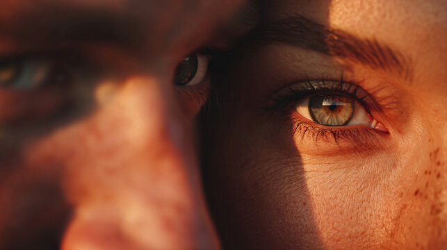 Intimate Gaze: A striking close-up captures the intense connection between two individuals, with a focus on their piercing eyes and the warm, dramatic interplay of light and shadow