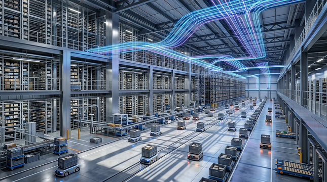 An Advanced Automated Warehouse Operations Utilizing AI-Driven Autonomous Mobile Robots, Intelligent Conveyor Networks & Digital Data Streams for High-Efficiency Logistics and Supply Chain Management.