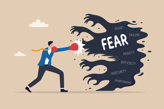 Overcome fear challenge difficulty, courage to fight back win over obstacle or difficulty, confrontation confidence to defeat fear concept, businessman with boxing glove fighting fear horror hands