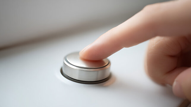 A close-up shot of a human finger pressing a sleek, silver button on a white surface, signifying action, interaction, and control for various contexts