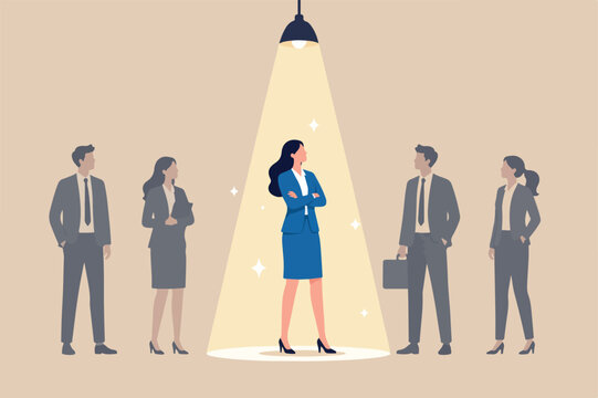 Woman in spotlight, success candidate for job vacancy, outstanding high performance employee, ambition or opportunity concept, confident outstanding businesswoman standing in bright spotlight