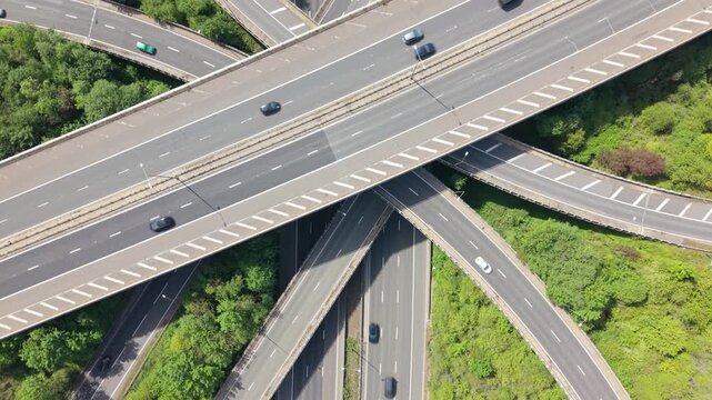 Motorway Interchange Aerial View Showing Busy Daytime Traffic