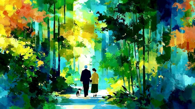 新緑の森を歩くやさしい介護の風景