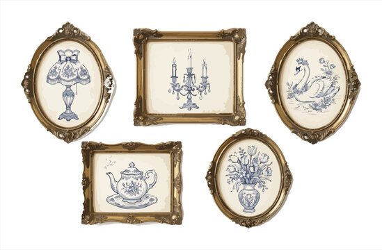 Vintage Coquette Blue Line Art Decorative Frame Set Swan Candelabra Teapot Floral Vector