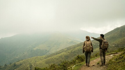 Obraz premium Back View of Two Hikers Pointing Ahead, Symbolizing Shared Journey and Future Vision on a Misty Mountain Path