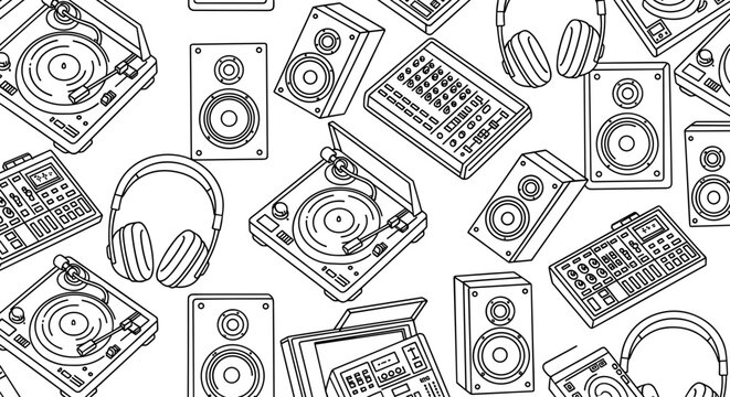 Dj equipment pattern with turntables speakers headphones and synthesizers in black and white sketch style