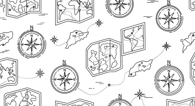 Vintage compass and map pattern seamless background illustration for travel and adventure