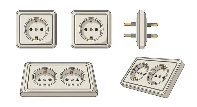 Set of European electrical sockets and adapter on white background