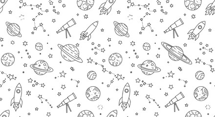 Seamless pattern of space elements rockets planets stars and telescopes in doodle style © Gabriel