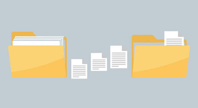 Digital document transfer between two yellow folders on a gray background