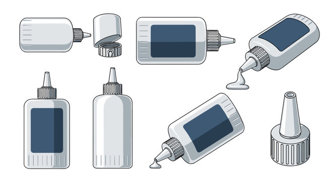 Collection of white glue bottles in various positions and states of use