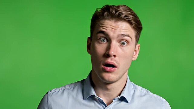 Shocked Man With Wide Eyes and Open Mouth on Green Screen Background.