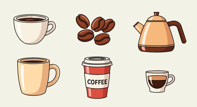 Collection of Coffee Drinks and Accessories Including Cups Beans and Kettle