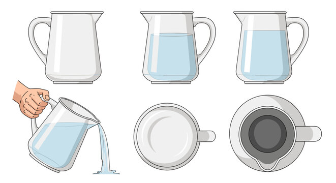 Water pitcher set showing different views and pouring action with water