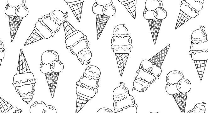 Seamless pattern of hand drawn ice cream cones and scoops in black and white outline style