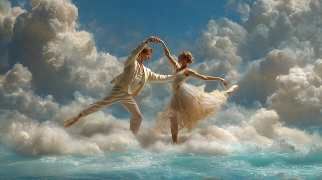 Celestial Waltz: A ballet couple performs an ethereal dance amidst fluffy clouds, their movements graceful and poetic, evoking a dreamlike state.