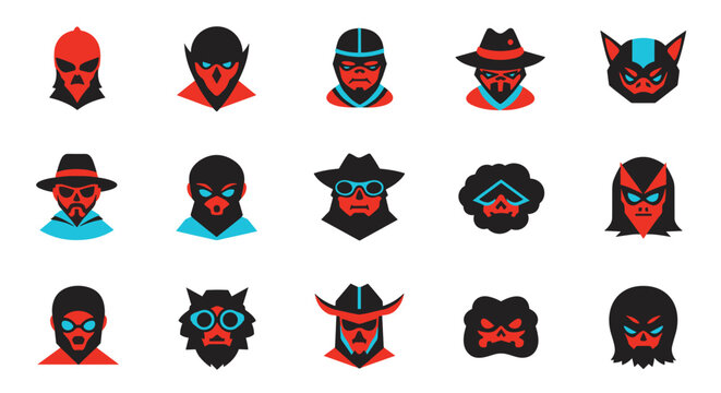 Collection of stylized superhero and villain avatars with red and blue accents on white background