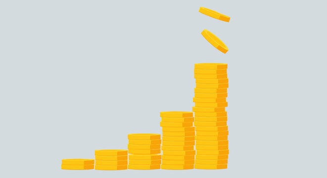 Increasing stack of gold coins representing financial growth and investment success