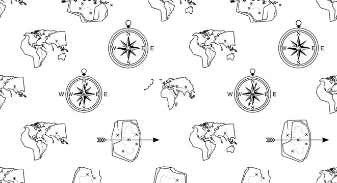 Seamless pattern of world maps and compasses in a vintage sketch style
