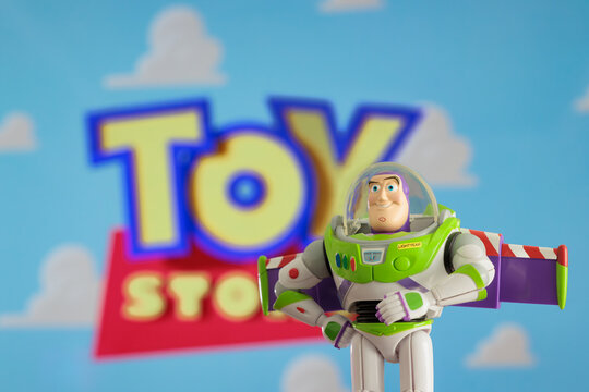 ISTANBUL, Turkiye - MAY 13 2026: Buzz Lightyear action figure character from the Toy Story movie Disney Pixar against TV background