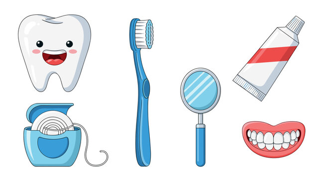 Cute cartoon dental hygiene tools and happy tooth illustration for oral care concept