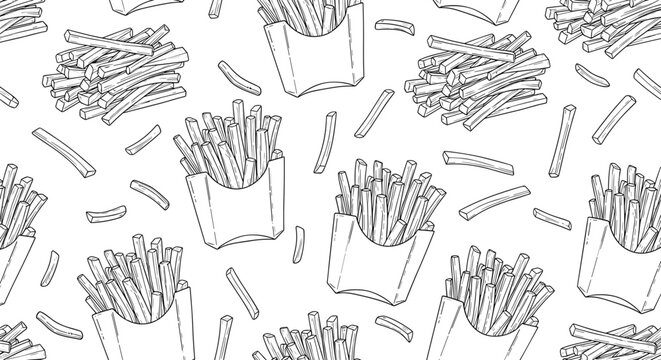 Seamless pattern of french fries in paper containers and scattered fries hand drawn sketch style