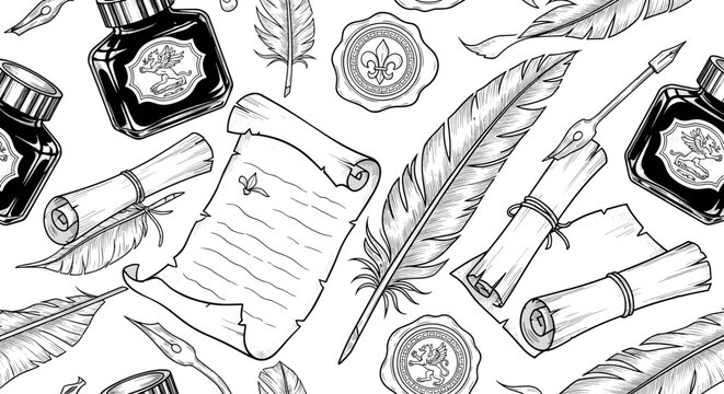 Vintage writing set with quill pens ink bottles scrolls and wax seals seamless pattern