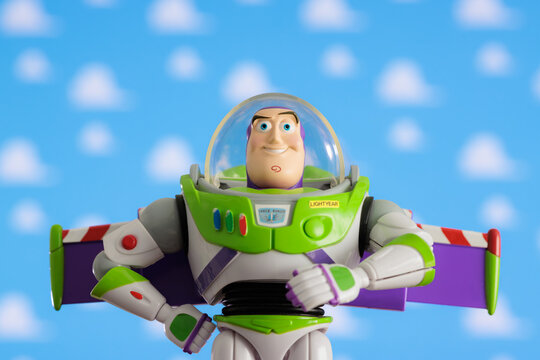 ISTANBUL, Turkiye - MAY 13 2026: Buzz Lightyear action figure character from the Toy Story movie Disney Pixar against TV background