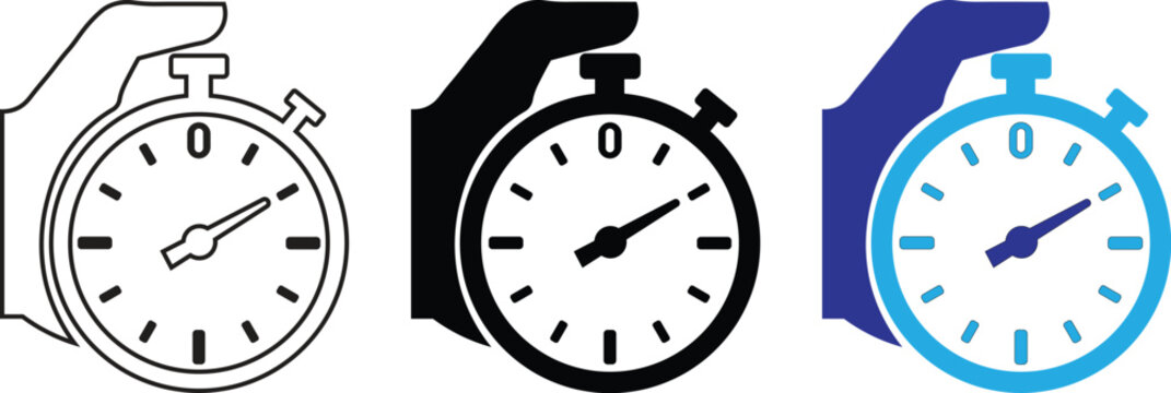 Hand holding stopwatch icon set with line art and silhouette vector illustration collection