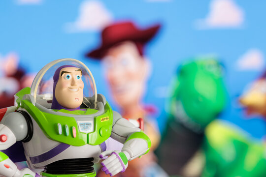 ISTANBUL, Turkiye - MAY 13 2026: Buzz Lightyear action figure character from the Toy Story movie Disney Pixar against TV background