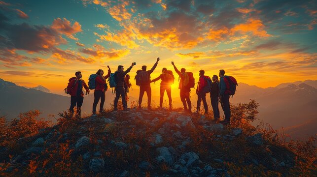 Hikers celebrate sunset summit victory, mountain range backdrop; teamwork, achievement