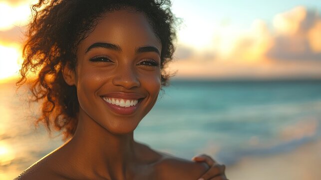 Happy woman at sunset beach, ocean background, summer vacation