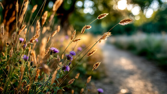 Soft sunlit path winds through a serene meadow of purple wildflowers and grasses in morning light
