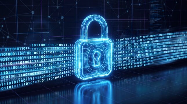 Cybersecurity digital padlock glowing with blue light. Binary code data stream in background. Secure encryption for information technology and network privacy.