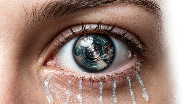 A human eye with a spinning hard drive iris, tears of binary code, blending organic and mechanical elements on a white background.