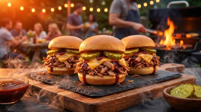 Delicious BBQ pulled pork sliders with pickles and smoky sauce served on a rustic wooden board at a summer evening garden party, featuring cinematic lighting and a festive outdoor atmosphere.