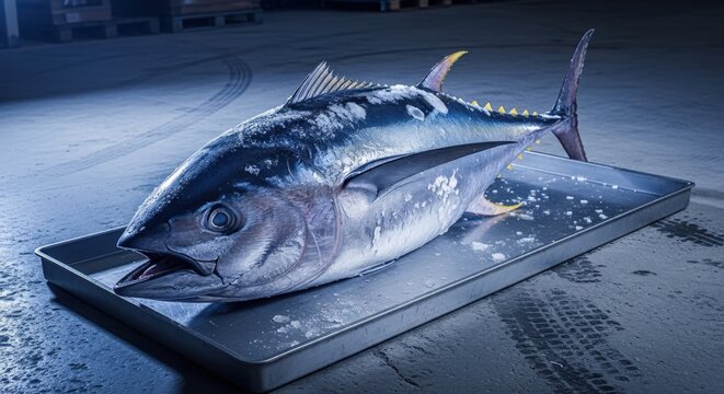 A massive whole frozen tuna fish resting on an industrial metal tray within a cold storage warehouse facility, captured in a widescreen cinematic frame highlighting its icy textured surface.