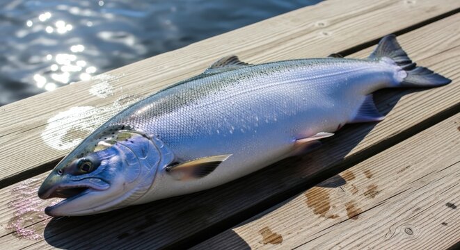 A shimmering whole silver salmon fish lying on a weathered wooden dock, captured in this cinematic widescreen composition that highlights the fresh catch against the sparkling water in the background.