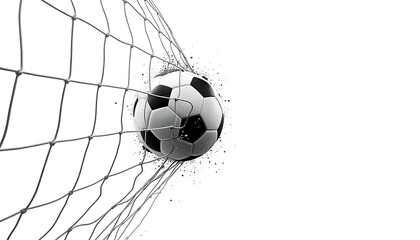 Obraz premium Black and white football captured mid-impact inside the goal net, net strands stretching dramatically, isolated white background, energetic motion freeze effect, realistic stadium-quality soccer ball 