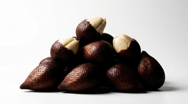 A pile of exotic salak or snake fruit featuring scaly dark reddish brown skin and creamy white pulp, captured in a detailed widescreen composition suitable for culinary or botanical projects.