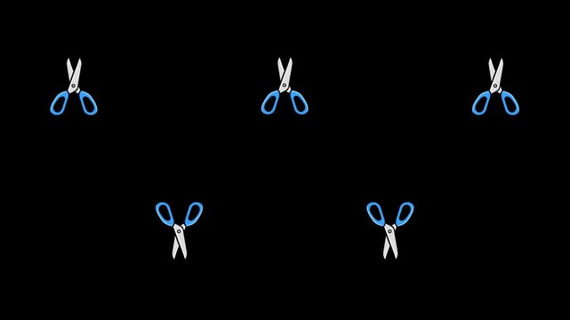 animation of 5 scissors cutting vertical screen with transparent background