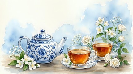 Fototapeta premium Watercolor tea set with blue and white porcelain teapot, two cups of tea, and white jasmine flowers on soft blue background.