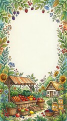 Obraz premium Watercolor frame with farmers market stall, cottage, sunflowers, berries, and fresh vegetables, featuring a blank center for text or design use.